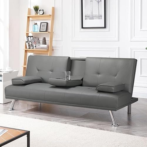 Zhyilut 3er-Sofa Schlafsofa Couch mit Tassenhalter Gästebett,Kunstleder,Rückenlehne neigbar 105°/140°/180°, 167 x 81,5 x 75 cm (grau)