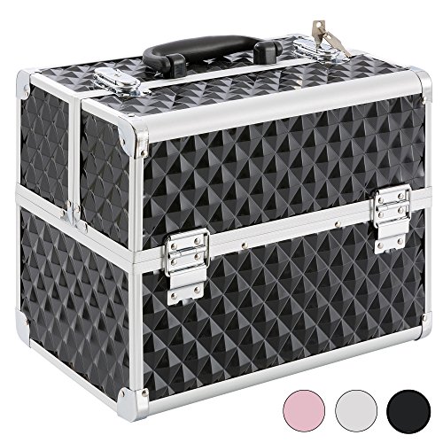 Arebos Kosmetikkoffer | 15L | 5 Fächer | Aluminium | Diamant-Muster | inkl. Schloss & Schlüssel | 2 ausklappbare Etagen | Samteinlage | 32 x 27 x 22 cm | Schwarz