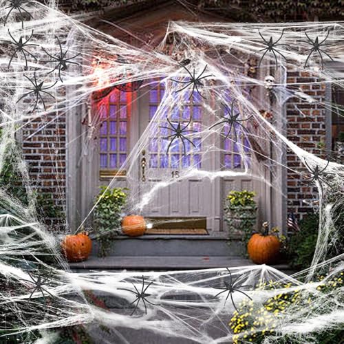 PangWuu Halloween Deko Spinnennetz, Spinnennetz Deko Set, 200g Spinnenweben Halloween Mit 60 Realistischen Kunststoff Spinnen, Halloweean Dekoration Für Innen Und Outdoor, Gruselige Party Atmosphäre