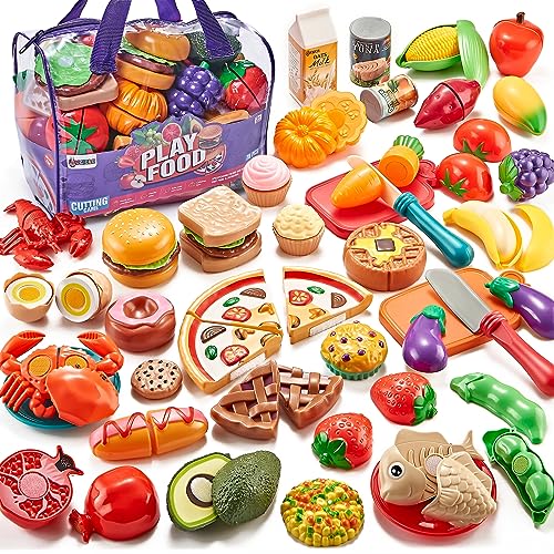 Laugigle Pretend Play Food für Kinder Küche, 78-teiliges Spielfutter-Set für Kinderküche mit Lagerung Tasche, gefälschte Lebensmittel mit Pizza Spielzeug, kinderküche zubehör, Jungen Mädchen Geschenk