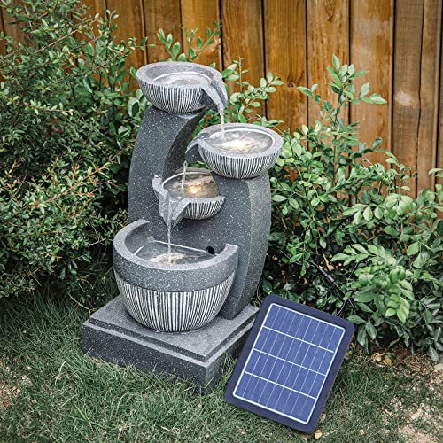 BTGGG Solarbrunnen für Draußen, 4-Stufiger Solar Springbrunnen für Außen, Solar Gartenbrunnen, Springbrunnen mit LED Beleuchtung, Zimmerbrunnen Wasserspiel Solar für Garten, Terrasse, Balkon Deko