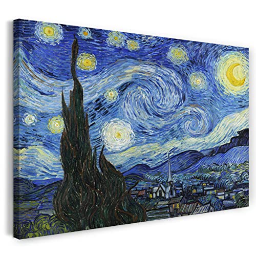 Printed Paintings Hochwertiges Leinwandbild auf Keilrahmen (100x70cm): Vincent Van Gogh - Die Sternennacht (1889)