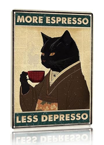 Metall-Blechschild im Vintage-Stil, schwarze Katze, Kaffee, Poster, Motiv: 