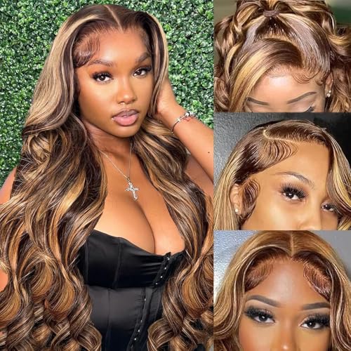 Ombre Highlight Perücke Damen Natürliche brasilianische Body Wave Echthaarperücke, 13x4 HD Lace Front Perücke Echthaar, P4/27 Ombre Glueless Echthaarperücke 24 Inch(61cm)