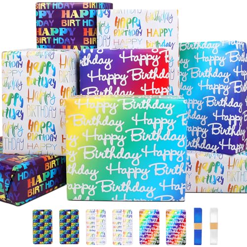 Geschenkpapier Geburtstag,Bunte Geburtstags Geschenkpapier Set mit 6 Geschenkpapier Happy Birthday,6 Anhängern,2 Band,Packpapier Geschenkpapier Jungen Männer Kinder Geburtstagspapier