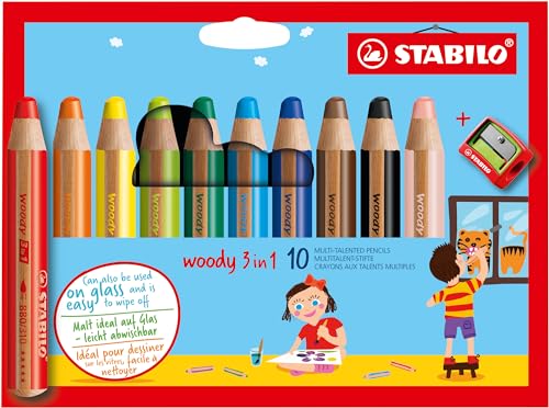STABILO - Buntstift, Wasserfarbe & Wachsmalkreide - woody 3 in 1-10er Pack mit Spitzer - 10