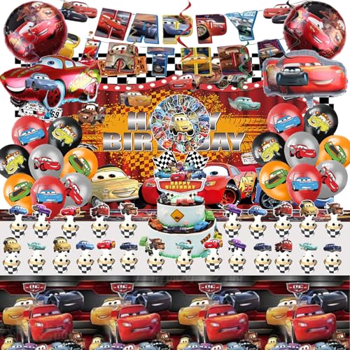 Cars Geburtstagsdeko, 104 Stück Cars Geburtstagsdeko Set, 3D Cars Luftballons, Tischdecke, Aufklebern, Swirl Decoration, Tortendeko, Banner, Hintergründe, Geeignet Geburtstagsdekoration für Jungen