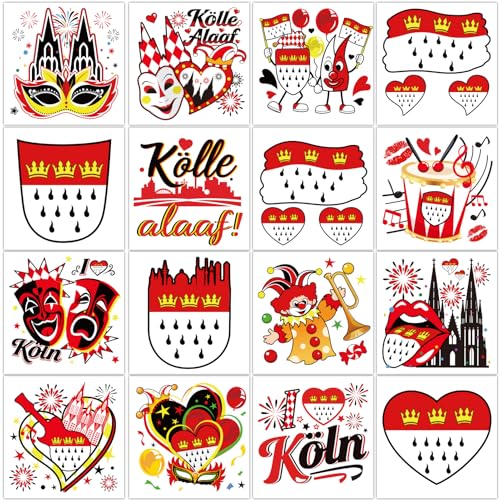 Qpout Kölner Karneval Tattoos,64pcs Köln Alaaf Hippie Rot Weiß Temporäres Gesichtstattoo,Köln Stadtwappen Wappen Schild Aufkleber Für Dom Party Straßenkarneval Festumzug Kostüme Accessoires