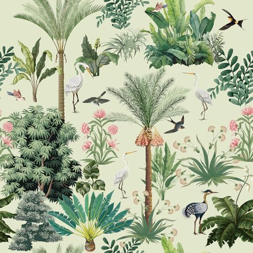 VEELIKE Selbstklebende Tapete Wald Tropische Blätter Palme Fototapete Dschungel Kran Mustertapete Tapete Blumen Beige Blumentapete Vintage Wand Dekoration Schlafzimmer Wohnzimmer 44.5 cm × 300 cm