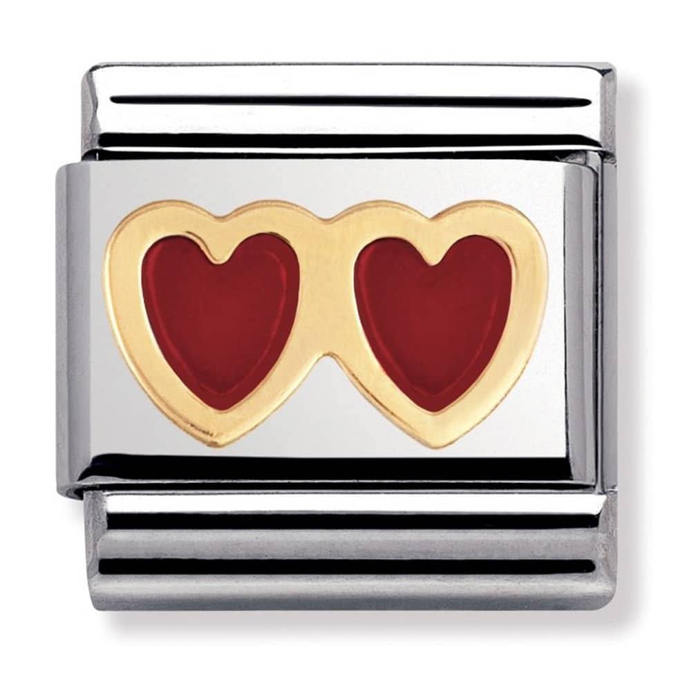Nomination Classic - LOVE Edelstahl, Email und 18K-Gold (Doppeltes Herz ROT/ROT)