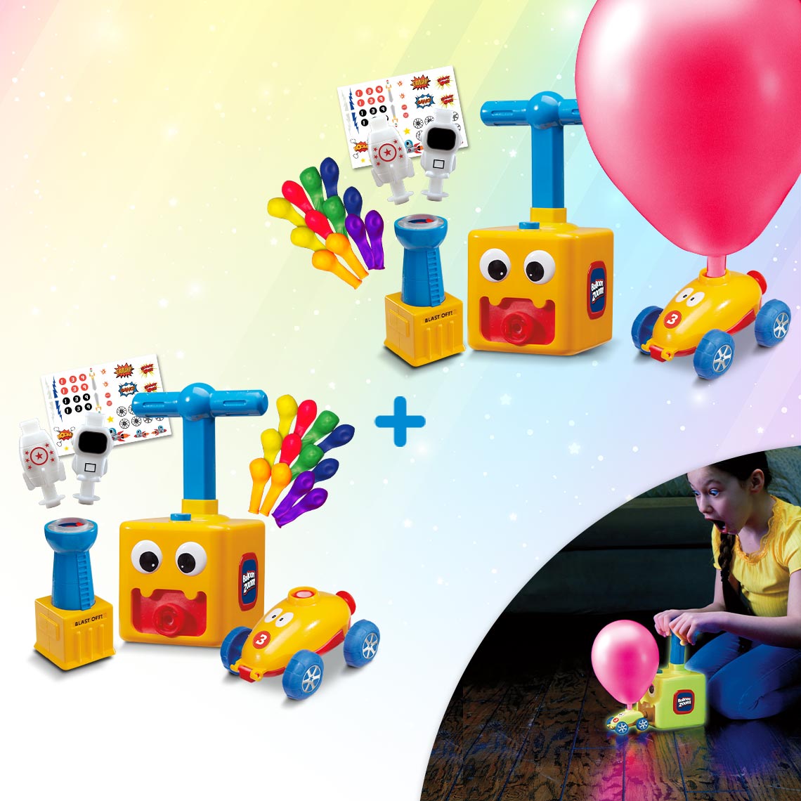 Balloon Zoom ballonbetriebenes Spielzeugset inkl. Zubehör 1+1 GRATIS