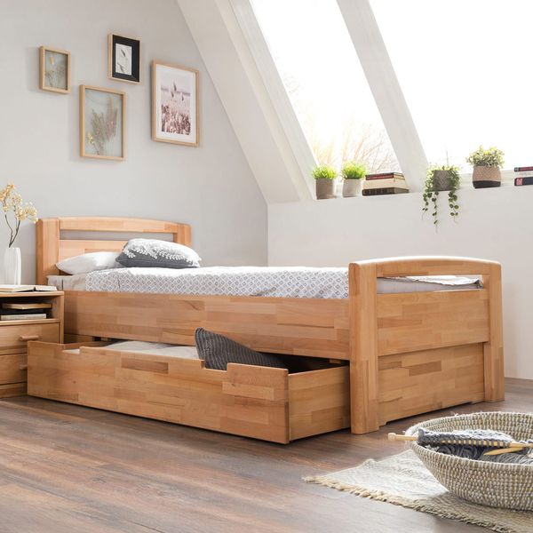 HOMELIV. Seniorenbett Luise Komfort Kernbuche Massivholz mit Schubkasten
