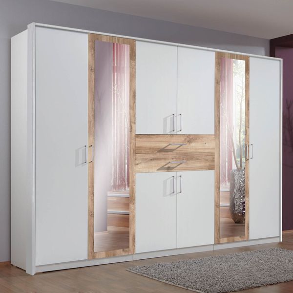 Drehtüren-Kleiderschrank Mozza mit Spiegel und Schubladen H 208 cm