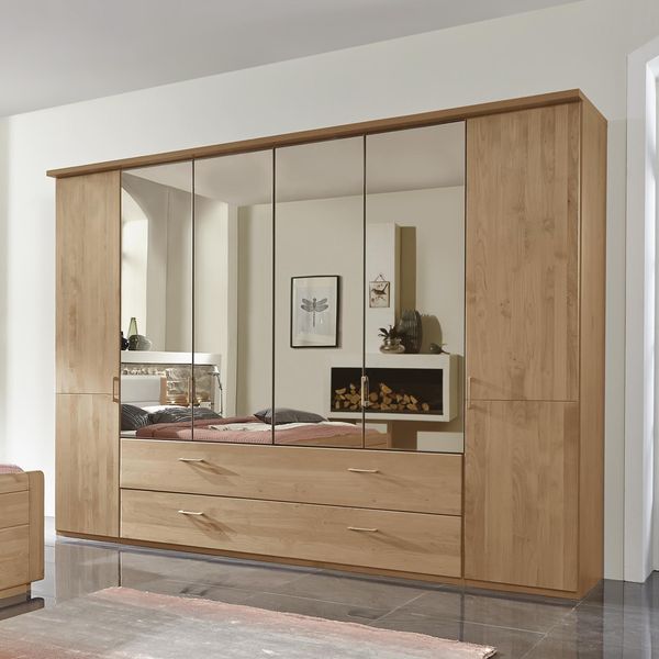 Drehtüren-Kleiderschrank Narita Erle teilmassiv mit Spiegel und Schubladen