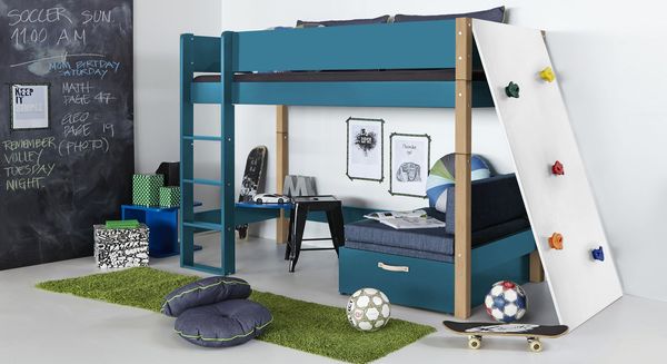 Midi-Hochbett Kids Town Color Buche teilmassiv mit Lattenrost und Kletterwand