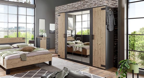 Drehtüren-Kleiderschrank Midori Tanne Dekor mit Spiegel H 210 cm