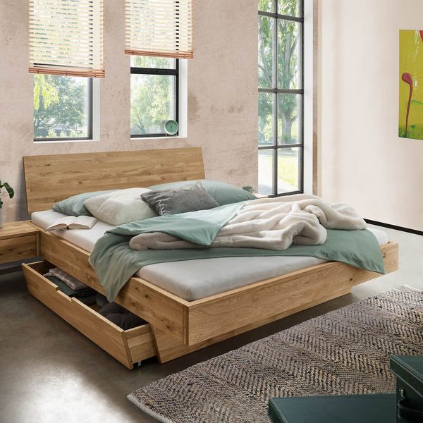 Bett Adrien Komfort Wildeiche Massivholz mit Schubkasten