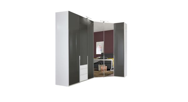 Eck-Kleiderschrank Bassiano mit Beleuchtung, Schubladen, Spiegel und Glasfront