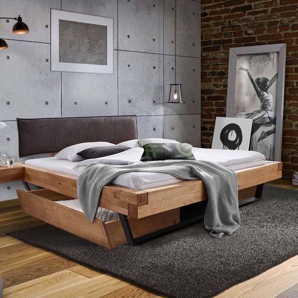Balkenbett Nerine Wildeiche Massivholz mit Schubkasten