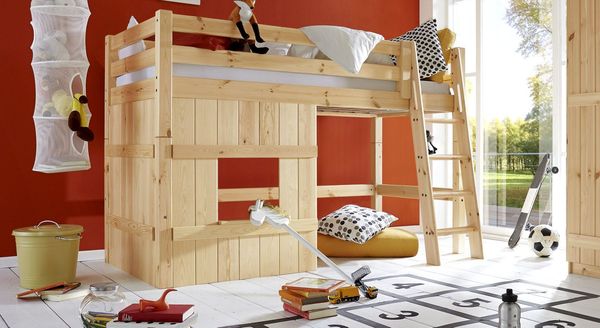 Hütten-Mini-/Midi-Hochbett Kids Paradise Kiefer Massivholz mit Lattenrost