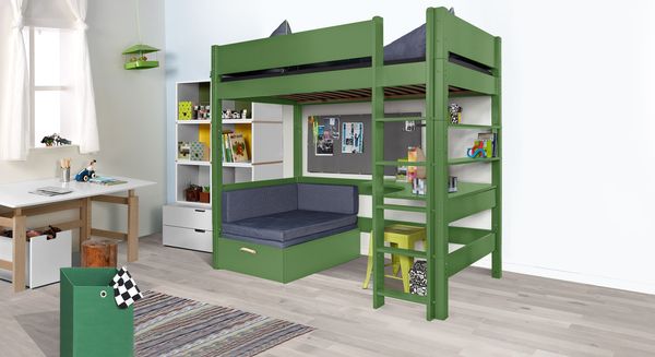 Maxi-Hochbett Kids Town Color Buche teilmassiv mit Lattenrost und Ausziehsofa