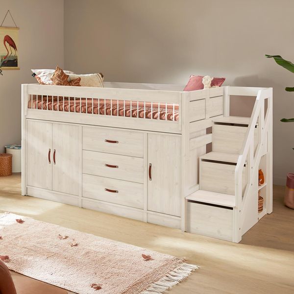 LIFETIME Midi-Hochbett All-In-One Kiefer Massivholz mit Lattenrost