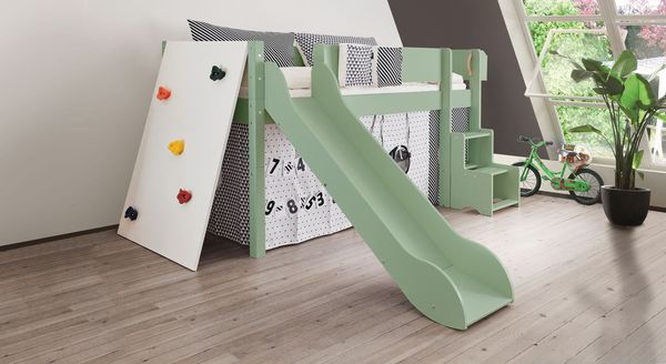 Mini-Hochbett Kids Town Color Buche teilmassiv mit Lattenrost, Rutsche und Kletterwand