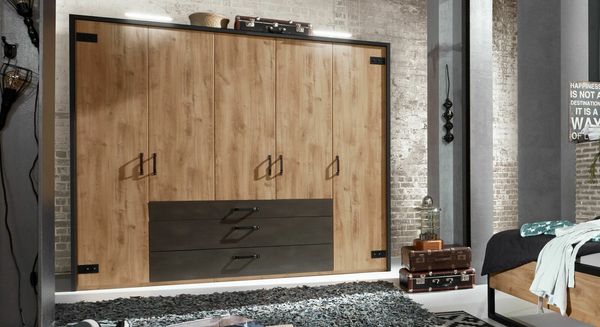 Drehtüren-Kleiderschrank Lakewood Eiche Dekor mit Schubladen 250x216 cm
