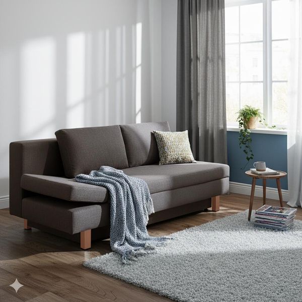 Schlafsofa Cave-Run Webstoff mit Lattenrost und Bettkasten Kopfteilverstellung links