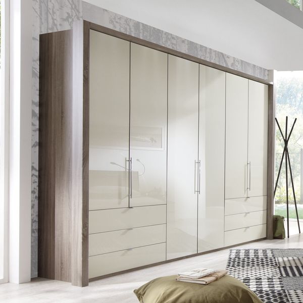 Falttüren-Kleiderschrank Tiko Eiche Dekor mit Glasfront und Schubladen