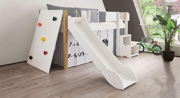 Mini-Hochbett Kids Town Buche teilmassiv mit Lattenrost, Rutsche und Kletterwand