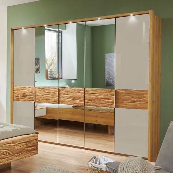 Drehtüren-Kleiderschrank Nerja Eiche teilmassiv mit Spiegel