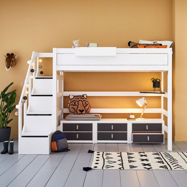 LIFETIME Hochbett Original Kiefer Massivholz mit Lattenrost undTreppenmodul