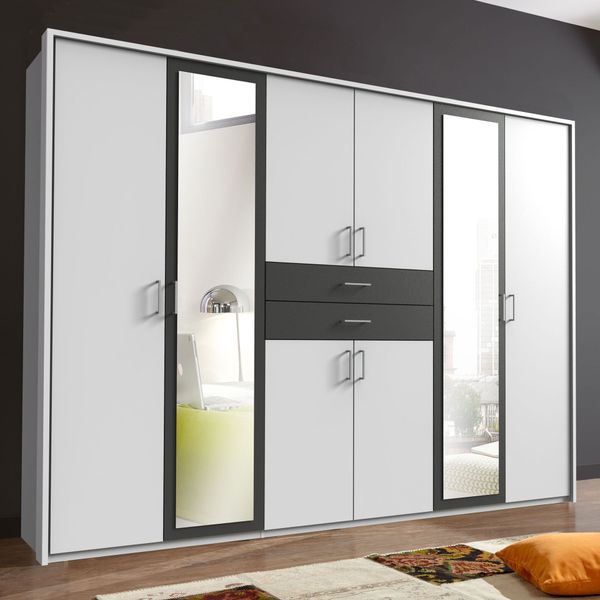 Drehtüren-Kleiderschrank Draha mit Spiegel und Schubladen