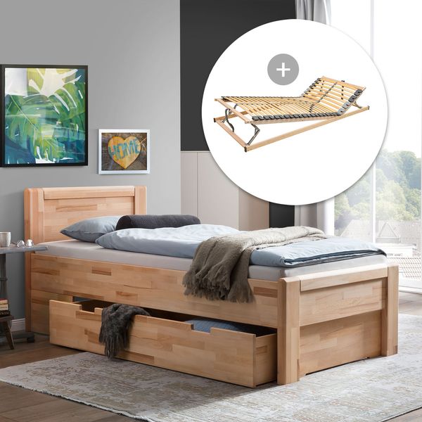 HOMELIV. Seniorenbett Ewen Komfort Kernbuche Massivholz mit Schubkasten