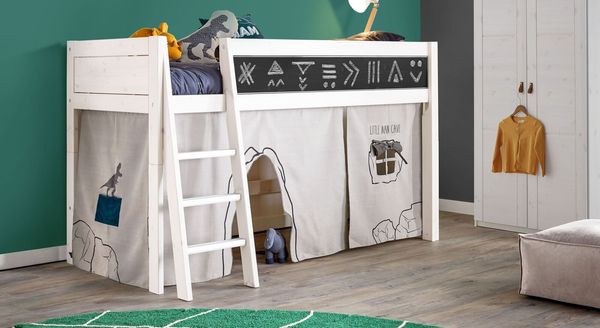 LIFETIME Midi-Hochbett Kreidetafel Kiefer Massivholz mit Lattenrost