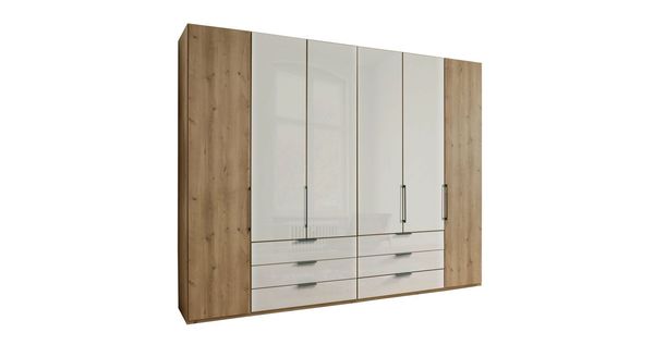 Drehtüren-Kleiderschrank Estiva Eiche Dekor mit Glasfront und Schubladen