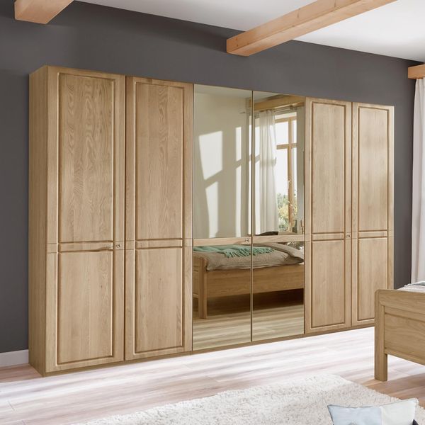 Drehtüren-Kleiderschrank Hazleton Eiche teilmassiv mit Spiegel H 216 cm