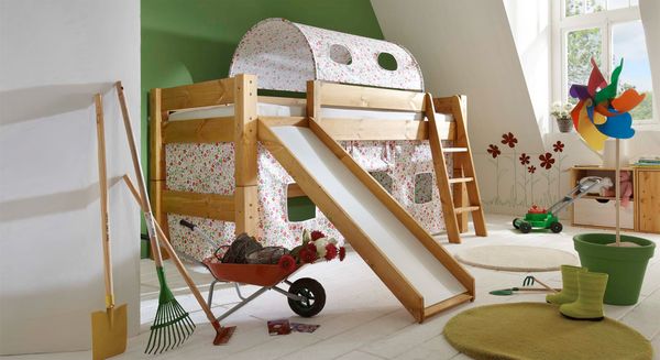 Mini-Hochbett Kids Dreams Kiefer Massivholz mit Lattenrost und Rutsche