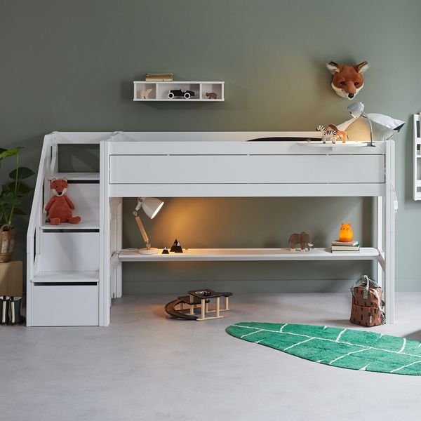 LIFETIME Midi-Hochbett Original Kiefer Massivholz mit Lattenrost und Treppenmodul 90x200 cm