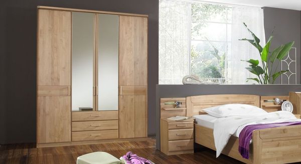 Drehtüren-Kleiderschrank Sanando Erle teilmassiv mit Spiegel und Schubladen H 216 cm