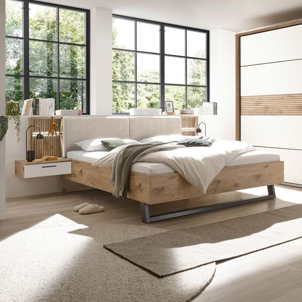 Bett Karwen Komfort Eiche Dekor mit Nachttischen und Beleuchtung 180x200cm