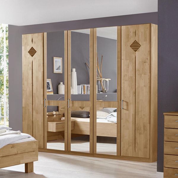 Drehtüren-Kleiderschrank Aliano Erle teilmassiv mit Spiegel H 216 cm