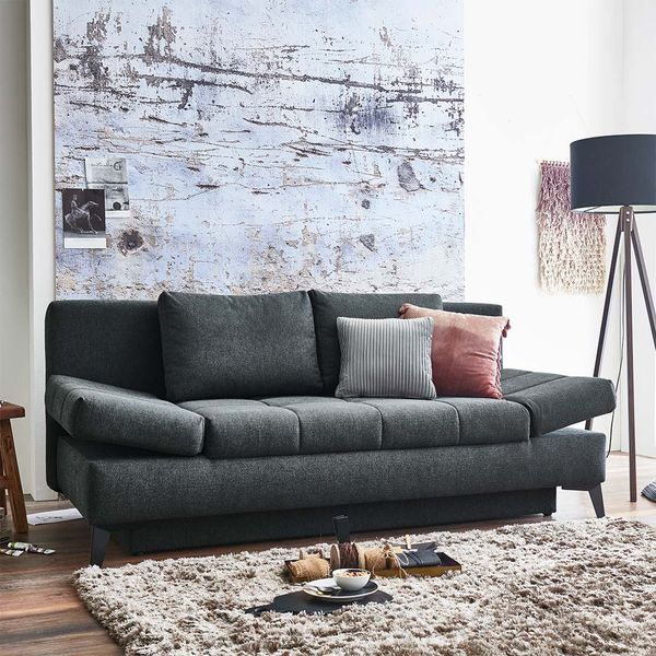 Schlafsofa Amedeo Webstoff/Velours mit Lattenrost und Bettkasten