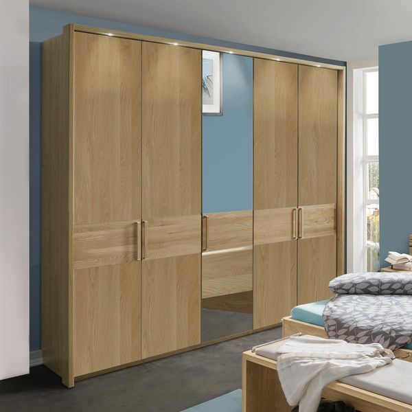Drehtüren-Kleiderschrank Ayla Eiche teilmassiv mit Spiegel und Holzfront
