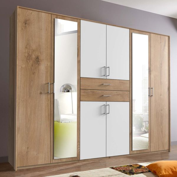 Drehtüren-Kleiderschrank Foglia mit Spiegel und Schubladen H 208 cm